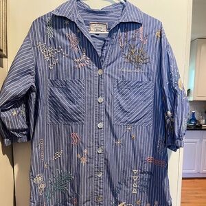Johnny Was Sezane Weekend Oversized Tunic Size S Striped Embroidery Button Up